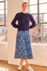 Mira Viscose Crepe Printed Skirt | Animal Ikat Navy/Cream