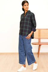 Mel Checked Double Cloth Organic Cotton Shirt | Navy/Green