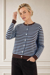Merino Wool Button Through Stripe Cardigan | Chocolate/Light Blue