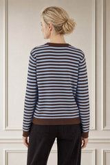 Merino Wool Button Through Stripe Cardigan | Chocolate/Light Blue