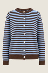 Merino Wool Button Through Stripe Cardigan | Chocolate/Light Blue