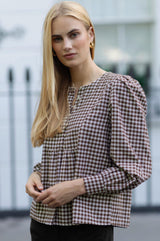 Mina Gingham Check Blouse | Chocolate/White