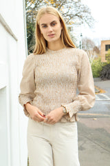 Liyana Seercucker Smocked Top | Brown/White - Aspiga