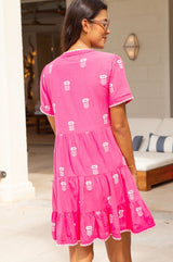 India Embroidered Organic Cotton Dress | Strawberry Pink/White