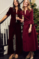 Jocelyn V-Neck 3/4 Sleeve Stretch Corduroy Dress | Wine