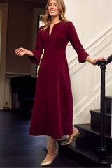 Jocelyn V-Neck 3/4 Sleeve Stretch Corduroy Dress | Wine