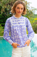 Margot Organic Cotton Block Print Blouse | Iris Blue/White
