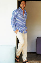 Men's Printed Cotton Shirt | Batik Blue/White