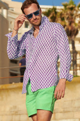 Men's Printed Linen Shirt | Trident White/Purple