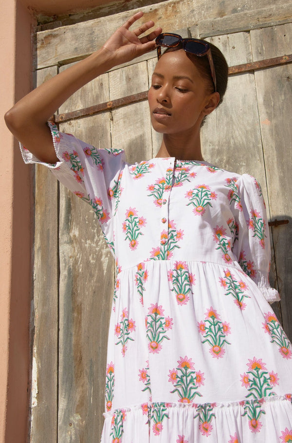 Cordelia Block Print Dress | Wild Flower Buta White/Pink
