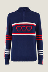 Merino Wool Stripe Hearts Quarter Zip | Navy/Cream/Red