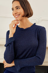Metallic Knit Frill Neck Jumper | Navy