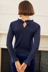 Metallic Knit Frill Neck Jumper | Navy