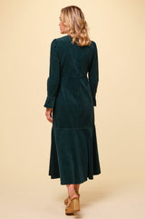 Paloma Round Neck Long Sleeve Stretch Corduroy Dress | Bottle Green