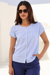 APPROVED Lisbon Stripe Dobby Organic Cotton Blouse | Blue/White - Aspiga