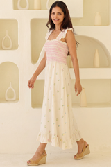 Rhianna Embroidered Flutter Sleeve Dress | Ecru/Multi