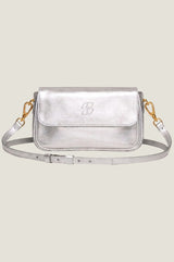 Product photo of the Aspiga Jude Metallic Bag in Silver, front view with crossbody strap