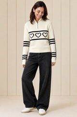 Merino Wool Stripe Hearts Quarter Zip | Off White/Black