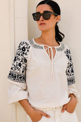 Ida Embroidered Cotton Top | Ecru/Navy Black