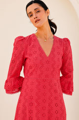 Victoria Cotton Broderie Dress | Red