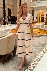 Viola Short Sleeve Organic Cotton Ric Rac Dress | Antique Cream/Black