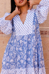 Marina Organic Cotton Print Mix Dress | Blossom Print Blue/White