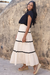 Organic Cotton Dobby Ric Rac Skirt | Antique Cream/Black