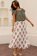 Khaki Ilana cotton short sleeve top with shirred neckline and elasticated neckline and hem styled with Aspiga antique block print cream skirt and carina heel espadrilles