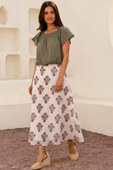 Khaki Ilana cotton short sleeve top with shirred neckline and elasticated neckline and hem styled with Aspiga antique block print cream skirt