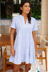 India Embroidered Organic Cotton Dress | Stripe Blue/White