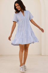 India Embroidered Organic Cotton Dress | Stripe Blue/White