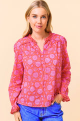 Rosie Organic Cotton Block Print Blouse | Lotus Red/Pink