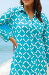 Saffron Organic Cotton Beach Shirt | Shibori Turquoise/White