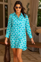 Saffron Organic Cotton Beach Shirt | Shibori Turquoise/White