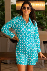 Saffron Organic Cotton Beach Shirt | Shibori Turquoise/White