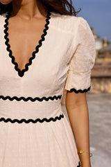 Viola Short Sleeve Organic Cotton Ric Rac Dress | Antique Cream/Black