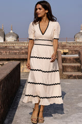 Viola Short Sleeve Organic Cotton Ric Rac Dress | Antique Cream/Black