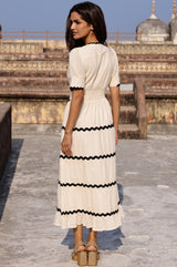 Viola Short Sleeve Organic Cotton Ric Rac Dress | Antique Cream/Black