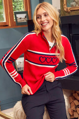 Merino Wool Stripe Hearts Quarter Zip | Red/Navy/Cream