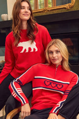 Merino Wool Stripe Hearts Quarter Zip | Red/Navy/Cream