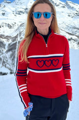 Merino Wool Stripe Hearts Quarter Zip | Red/Navy/Cream