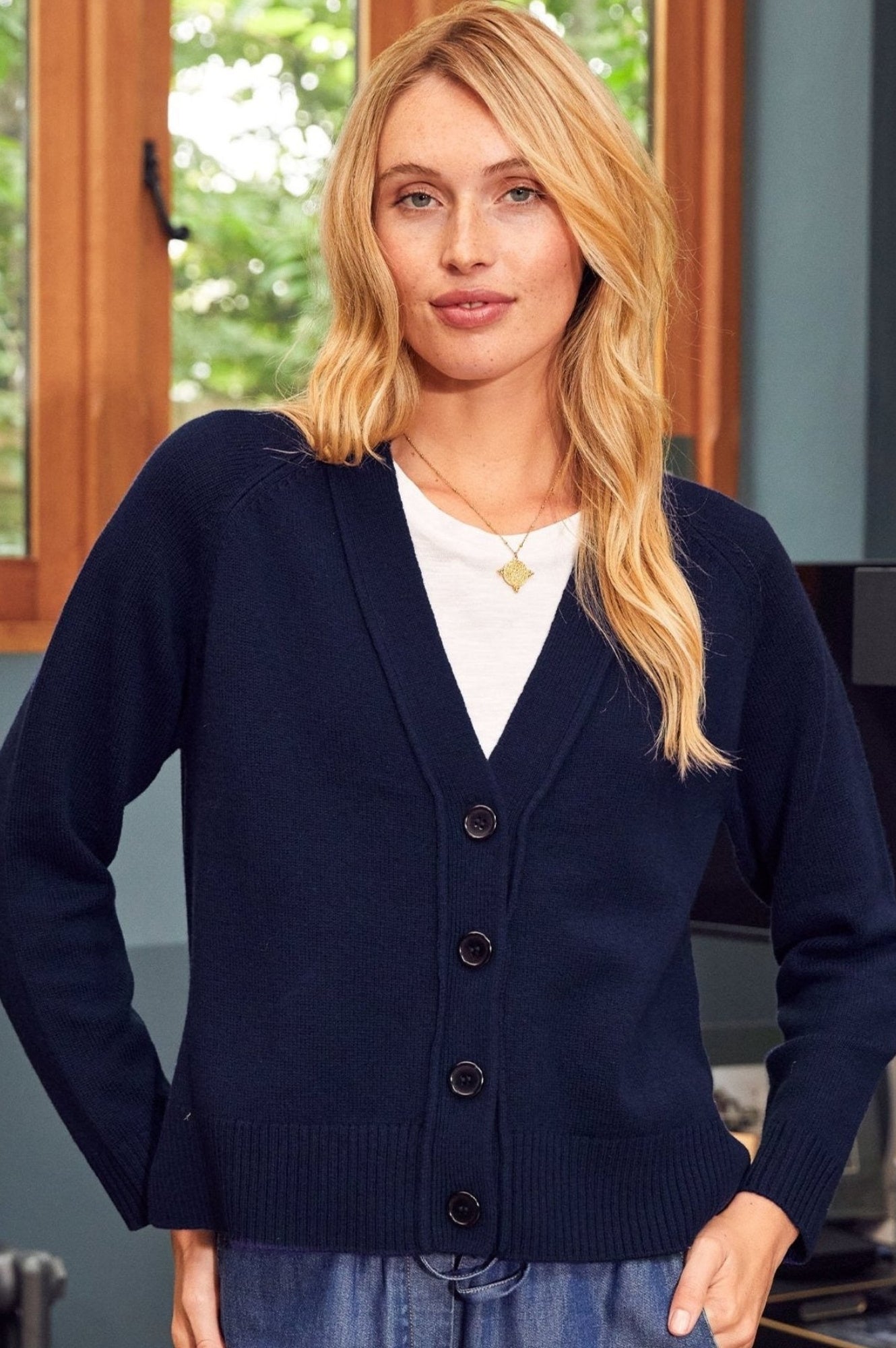 Wool Womens Navy Cardigan Navy Cotton Blend Waffle Knit Cardigan