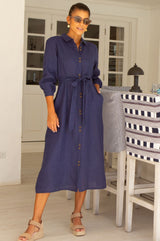 Linen Shirt Dress | Navy