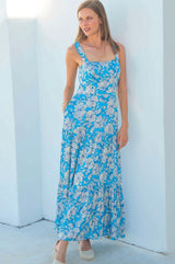 Aurelia Satin Dress | Lined Floral Turquoise/Cream