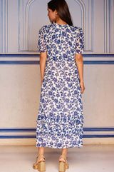 Ellery Viscose Wedding Guest Dress | Blossom Cream/Navy