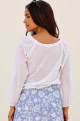 Ilana Long Sleeve Frill Organic Cotton Gauze Top | White