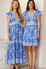 Pippa Block Print Mini Dress | Japanese Flower Cobalt