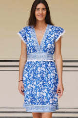 Pippa Block Print Mini Dress | Japanese Flower Cobalt