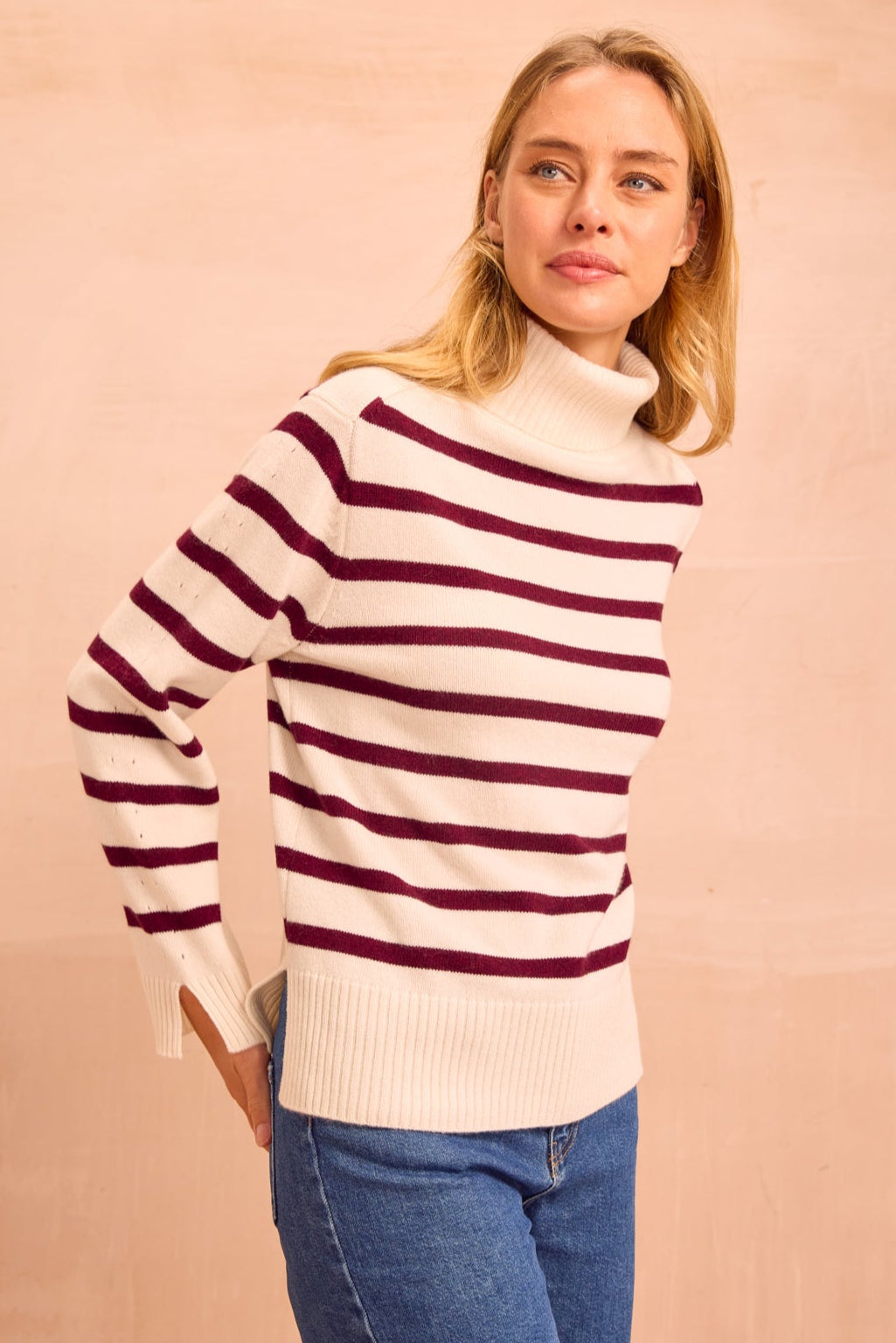 Aspiga Ladies Sustainable Cashmere Blend Striped Roll Neck Jumper