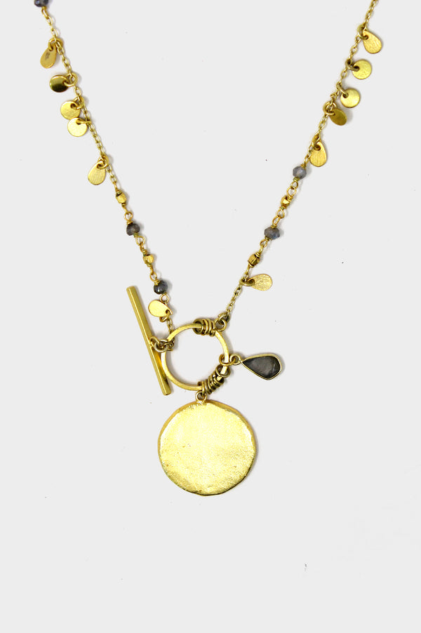 T-Bar Stone and Beaded Necklace | Gold